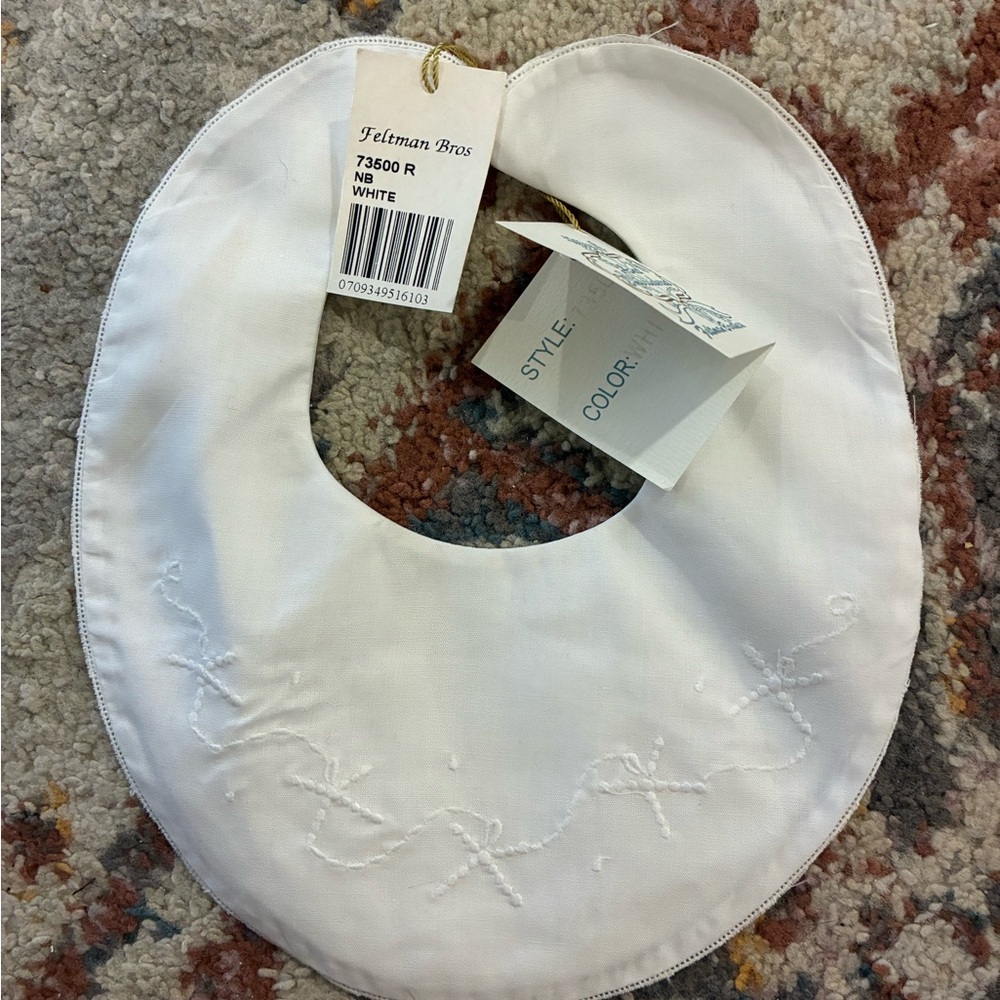 Feltman Bros Newborn White Baby Bib with Embroidered Design